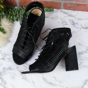 Sam Edelman Rocco Black Vegan Leather Laser Cut Peep Toe Lace Up Heels 8 Women's